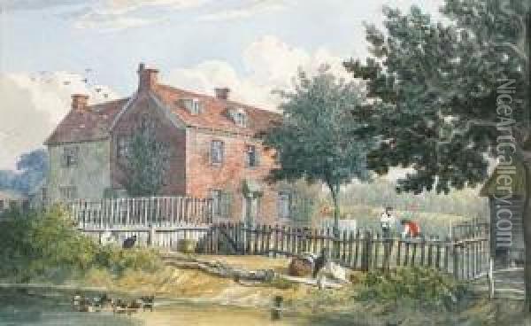 The Exterior Of A Farmhouse At 
Holbrook, Ipswich, Suffolk; And Aview Of The Interior Of The Kitchen Oil Painting - J. P. Neale