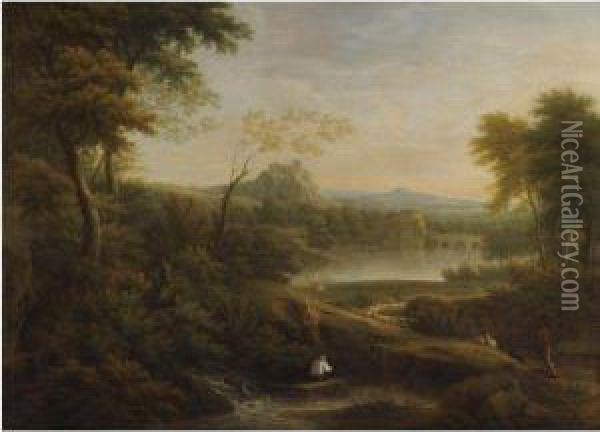River Landscape With Bridge And Hilltop Castle Oil Painting - George Lambert