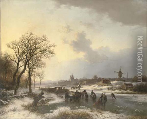 Late Afternoon With Numerous Skaters By A Town Oil Painting - Barend Cornelis Koekkoek