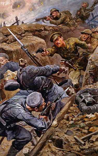 Captain Reginald James Young winning the Military Cross at the Battle of the Somme, 1916 Oil Painting - Stanley L. Wood