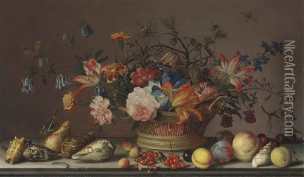 Parrot Tulips, Carnations, Columbine, Marigolds And Other Flowers In A Woven Basket, With Shells, Peaches, Cherries, Cranberries... Oil Painting - Balthasar Van Der Ast