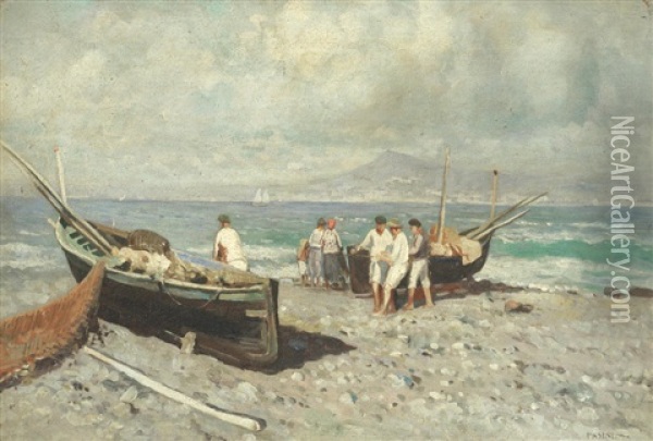 Neapolitan Coastal Scenes; A Pair Oil Painting - Lazzaro Pasini
