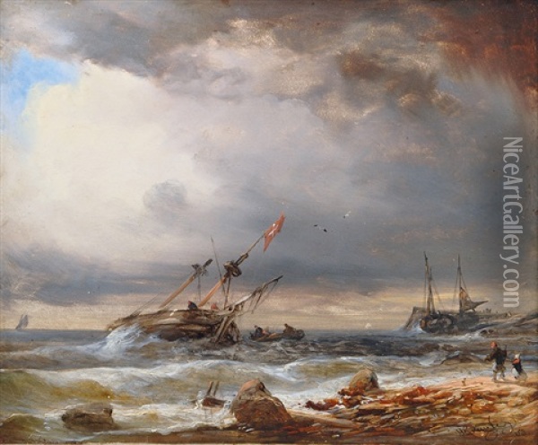 Danish Two-master Offshore Oil Painting - Wilhelm August Leopold Christian Krause
