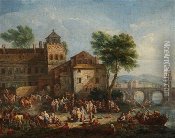 Market Scene In A River Town Oil Painting - Adriaen Frans Boudewyns the Elder