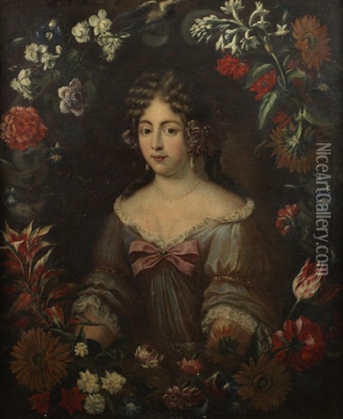 Portrait Of A Lady, Half-length, In A Blue Dress Within A Garland Of Flowers; And Portrait Of A Lady, Half-length, In A Pink Dress Within A Garland Of Flowers (pair) Oil Painting - Jakob Ferdinand Voet