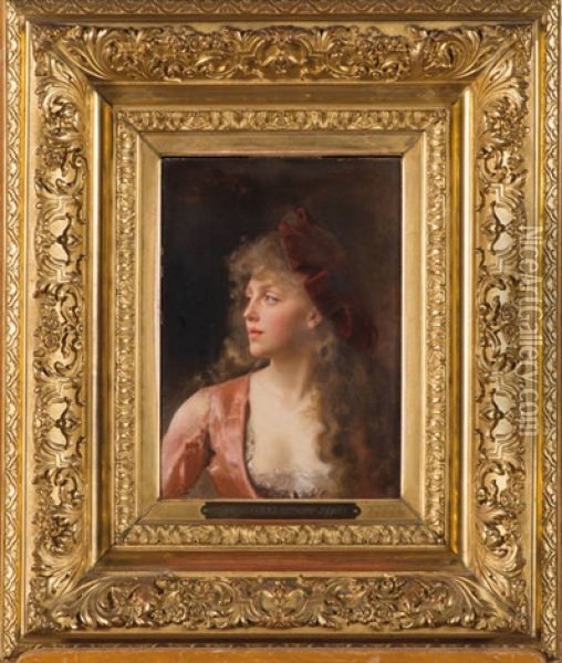 Portrait De Jeune Fille Au Chapeau Rouge Oil Painting - Gustave Jean Jacquet