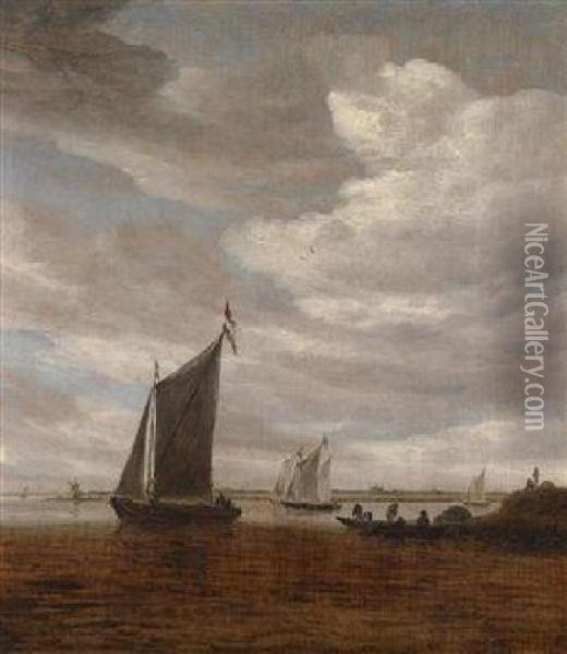 A River Estuary With Sailing Boats And A Rowing Boat Oil Painting - Salomon van Ruysdael