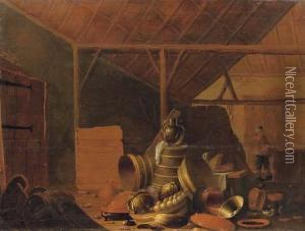 A Barn Interior With Vegetables,
 And Kitchen Utensils, A Peasant Carrying A Basket Beyond Oil Painting - Cornelis Saftleven