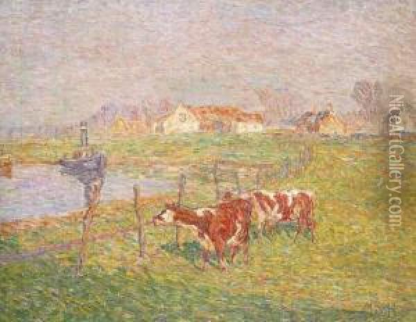Koeien Langs De Leie (ca.1914-1918) Oil Painting - Modest Huys