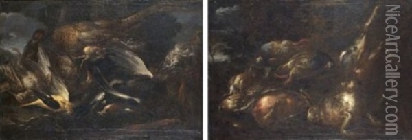 Nature Morte A La Chouette Et Au Faisan (nature Morte Au Lievre Et A La Perdrix Grise; Pair) Oil Painting - Felice Boselli