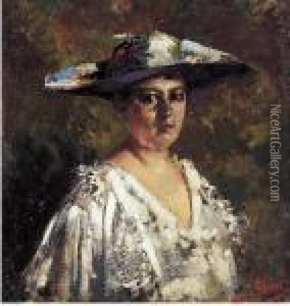 Ritratto Di Donna Con Cappello Oil Painting - Vincenzo Irolli