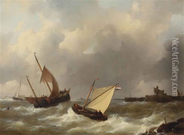 Sailing Ships In Choppy Water Oil Painting - Johannes Christiaan Schotel