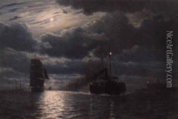 Marine Med Damper Og Sejlskibe Udfor Kronborg Oil Painting - Christian Blache