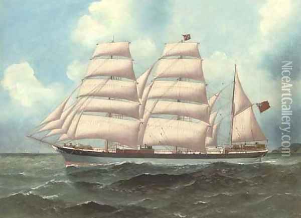 The three-masted barque Anglo-Norman under full sail in coastal waters Oil Painting - English School
