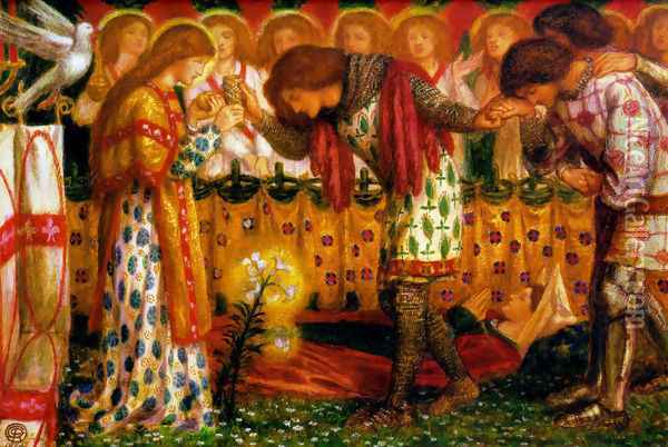 How Sir Galahad, Sir Bors and Sir Percival were Fed with the Sanc Grael; But Sir Percival's Sister Died by the Way 1864 Oil Painting - Dante Gabriel Rossetti