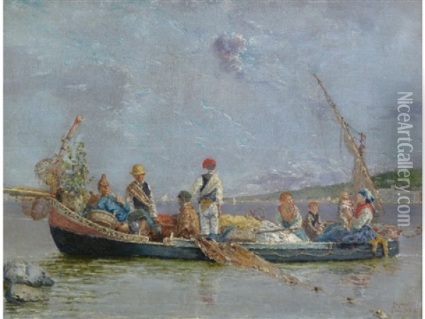 Italian Fishing Boat, Busy With Figures Oil Painting - Francesco Saverio Torcia