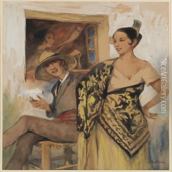 Spanish Street With A Gentleman Smoking A Cigarette And Flirting With A Woman Oil Painting - Allan Osterlind