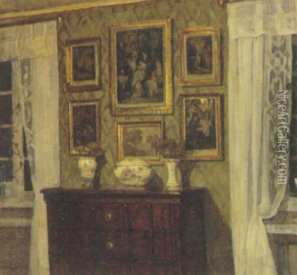 Interior Med Kommode Mellem Vinduer Oil Painting - Niels Holsoe