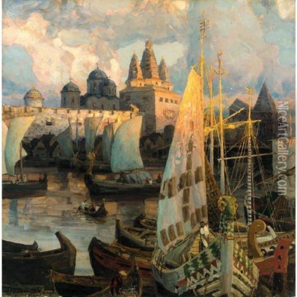 The Harbour At Novgorod Oil Painting - Apollinarii Mikhailovich Vasnetsov