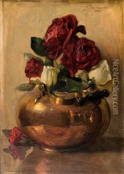 Brass Pot With Roses Oil Painting - Georgios Jakobides