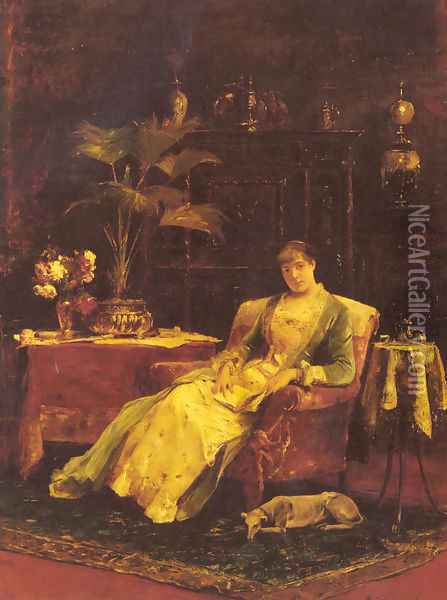 A lady seated in an Elegant Interior Oil Painting - Mihaly Munkacsy