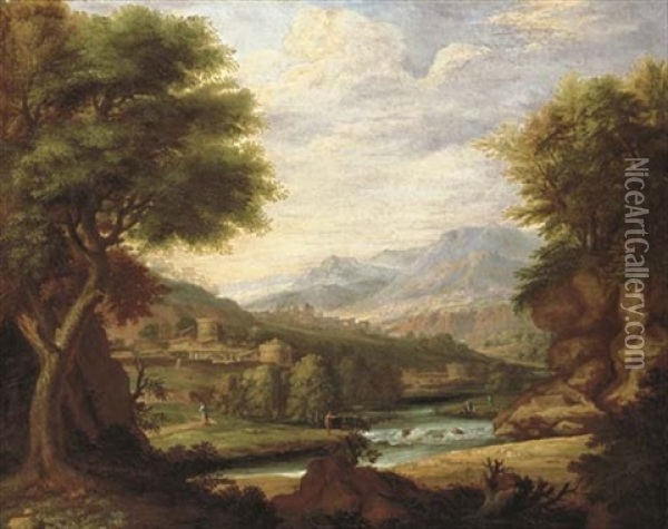 An Extensive Classical Italianate Landscape With Men By A River, A Town Beyond Oil Painting - Jan Joost van Cossiau