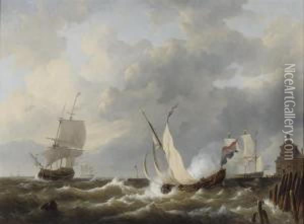 Sailing On Choppy Waters Off The Dutch Coast Oil Painting - George Willem Opdenhoff
