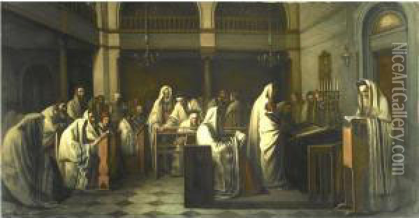 Synagogue During The Reading Of The Law Oil Painting - Edouard Moyse