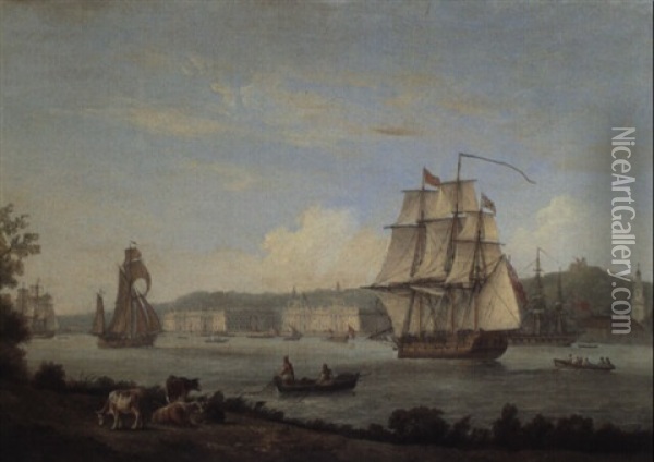 Greenwich From The North Bank With Cows In A Meadow In The Foreground Oil Painting - Thomas Luny