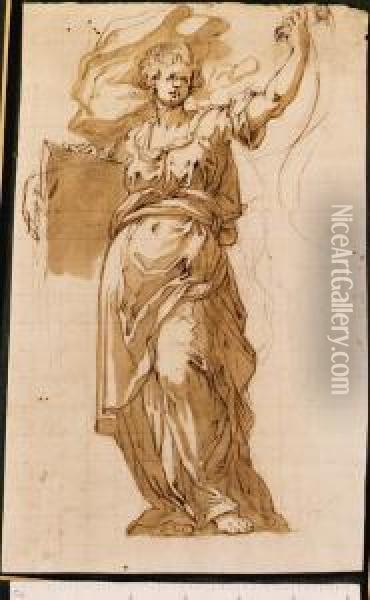 A Draped Figure Holding A Book And A Scroll Oil Painting - Giovanni Battista (Il Malosso) Trotti