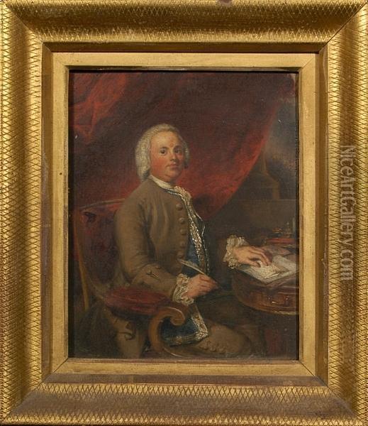 A Portrait Of William Turnor, Seated At A Writing Table, With Red Curtain Beyond Oil Painting - Samuel Lane