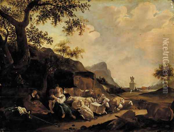 A shepherd couple embracing at the foot of a tree in an Italianate landscape Oil Painting - Jan Baptist Weenix