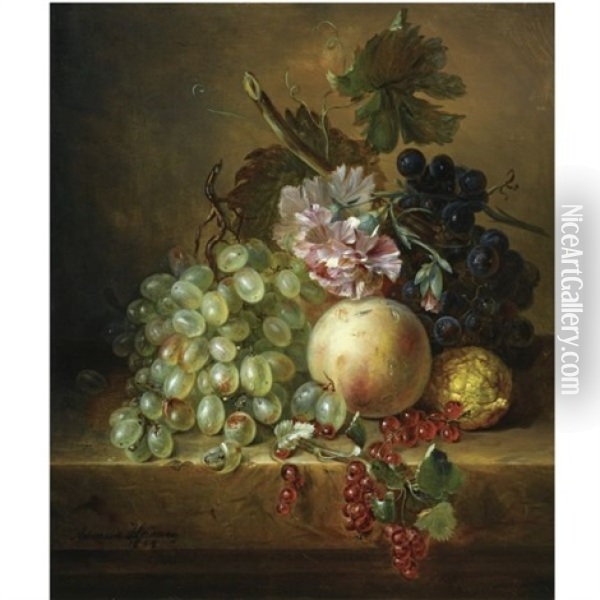 A Still Life With Grapes, A Peach, Berries And Flowers Oil Painting - Adriana Johanna Haanen