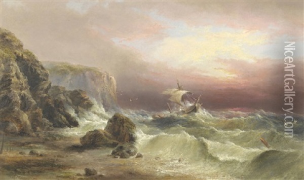 Dismasted Brig In Rough Seas Off A Rocky Coastline Oil Painting - Henry Redmore