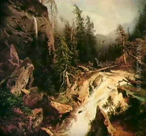 American Waterfall Oil Painting - Hermann Herzog