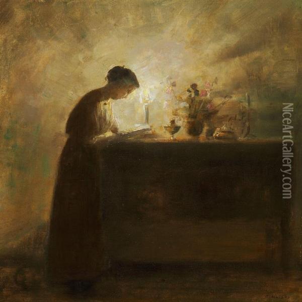 Interior With A Woman Reading By The Candlelight Oil Painting - Carl Vilhelm Holsoe