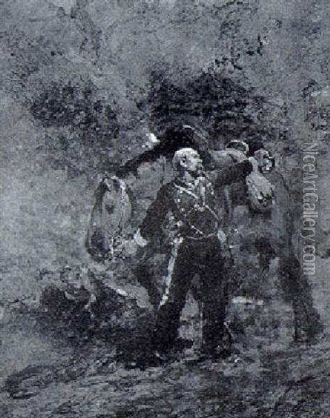 Rast Eines Verletzten Kavalleristen Oil Painting - Alphonse Marie de Neuville