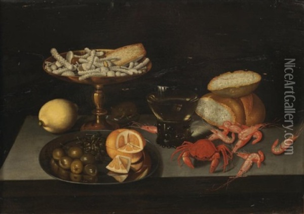 Nature Morte Aux Crustaces, Olives, Citron Et Sucreries Sur Un Entablement Oil Painting - Pieter Binoit