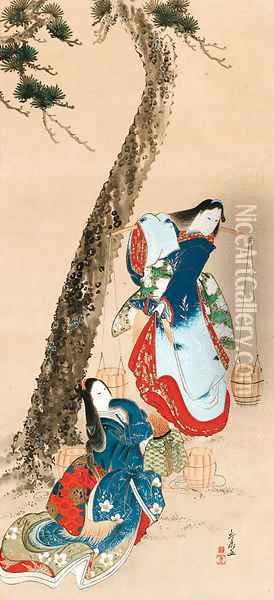 The salt maidens Matsukaze and Murasame from the kabuki dance 'Shiokumi' (Salt gathering) Oil Painting - Katsushika Hokuto