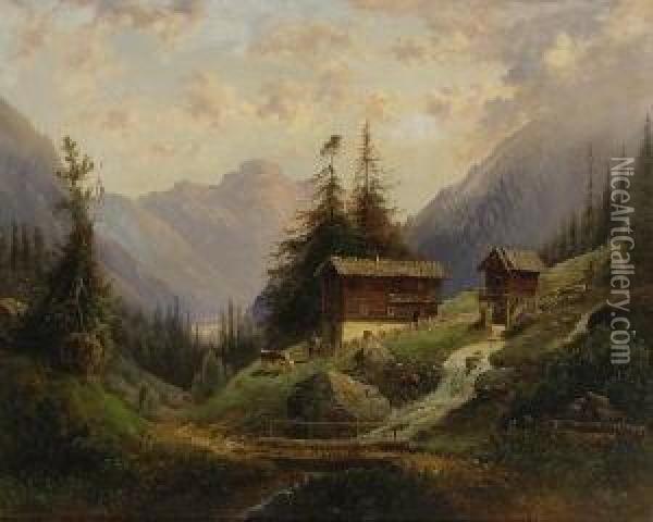 Bergbauernhof Am
 Gebirgsbach. Oil Painting - Ludwig Sckell