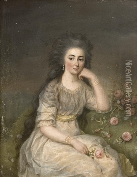 Jeune Femme Pensive Tenant Une Rose Oil Painting - Jean-Baptiste Andre Gautier d'Agoty