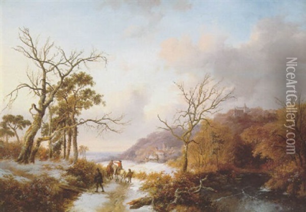 Travellers In A Winter Landscape Oil Painting - Frederik Marinus Kruseman
