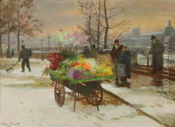 Marchande De Fleurs Sur Le Pont Des Arts Oil Painting - Victor-Gabriel Gilbert