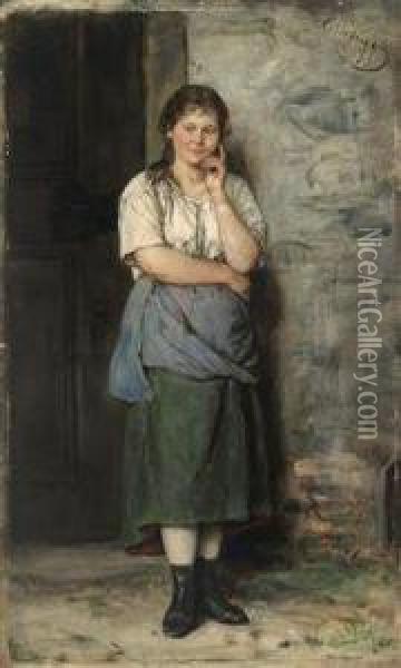 Girl Leaning Against The Wall Of A House Oil Painting - Franz Von Defregger