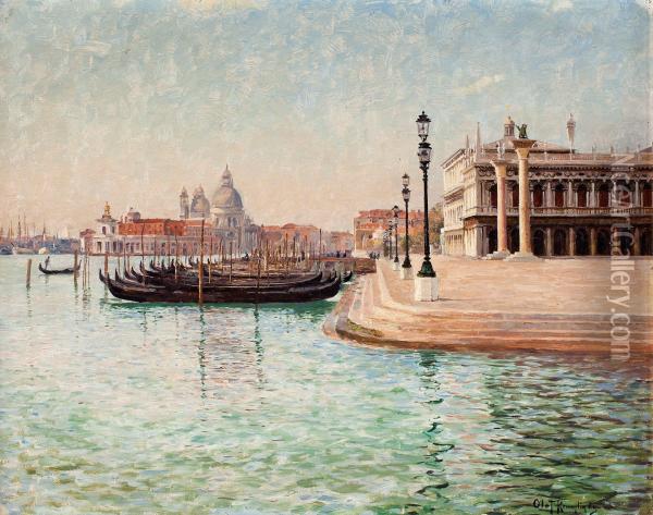 Gondolas Near Piazza San Marco, Venice Oil Painting - Olof Krumlinde