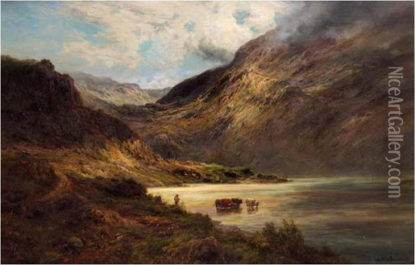 Cattle Watering In The Highlands Oil Painting - Alfred de Breanski