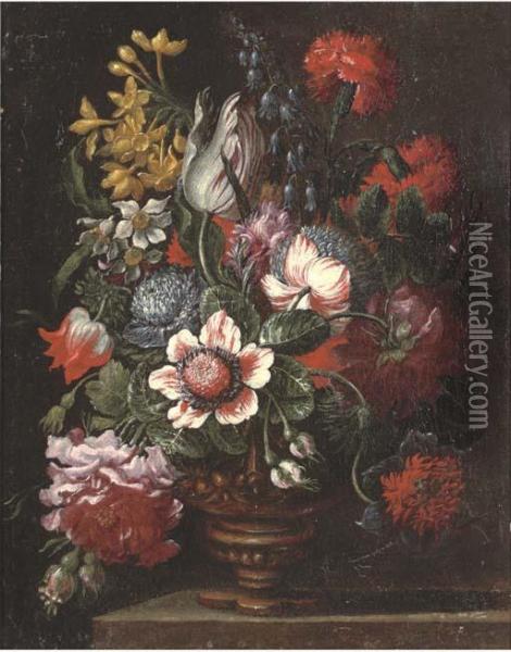 Parrot Tulips, Carnations, Narcissi, Roses And Other Flowers In An Urn On A Stone Ledge Oil Painting - Mario Nuzzi Mario Dei Fiori