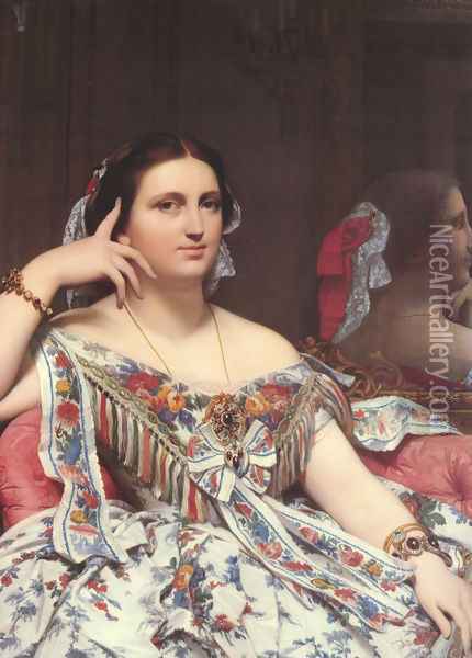 Madame Paul-Sigisbert Moitessier, née Marie-Clotilde-Inès de Foucauld, Seated [detail] Oil Painting - Jean Auguste Dominique Ingres