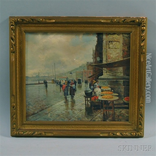 Rainy Day, Coastal Market Town Oil Painting - Attilio Pratella