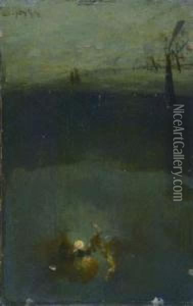 Paar In Nachtlicher Winterlandschaft. Oil Painting - Heinrich Richard Reder